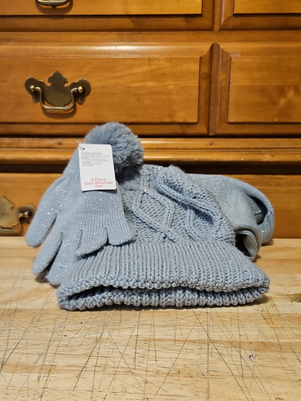 Girls' Light Gray 3-Piece Knit Winter Set - Beanie, Scarf & Gloves